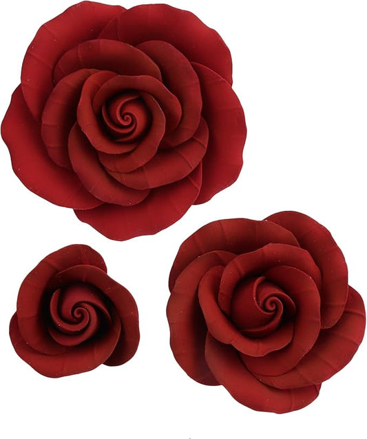 O'Creme Deep Red Rose Gumpaste Flower - for Cake Decorating - Sugar Paste Decorations for Cakes, Cupcake Toppers - Birthday, Wedding, Valentines, Baby Shower - Set of 6-3 Different Sizes
