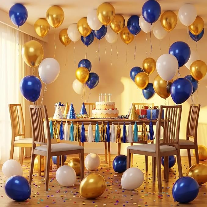 Hiquaty Blue and Gold Balloons,60pcs Royal Blue Balloons,12 Inch Blue and White Balloons with Blue Ribbon for New Year Party Wedding Bridal Shower Decorations