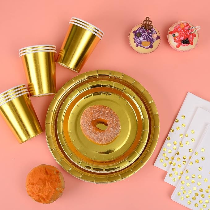 200pcs Solid Gold Party Supplies - Gold Paper Plates & Napkins, Silverware, Serves 25 Sets for Wedding, Bridal Shower, Engagement, Birthday Parties