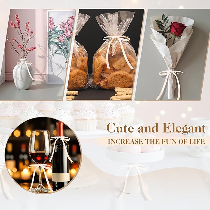 Satin Ribbon Bows 5x7 Inch Twist Tie Bows, Cute Champagne Bow Decor for Gift Wrapping, Cake Treat Bags, Craft DIY Gift, Party Favors Wedding Decorations (50 Pcs Set - Champagne)