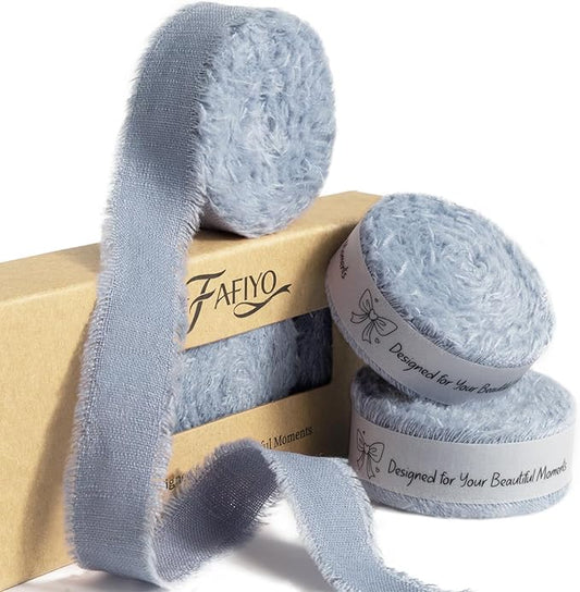 Dusty Blue Cotton Ribbon 5/8 Inch Dusty Blue 3 Rolls 21 Yards Frayed Edge Fabric Set for Wedding Decor, Bridal Bouquet Wrap, Graduation Party, Gift Wrapping & Spring Wedding