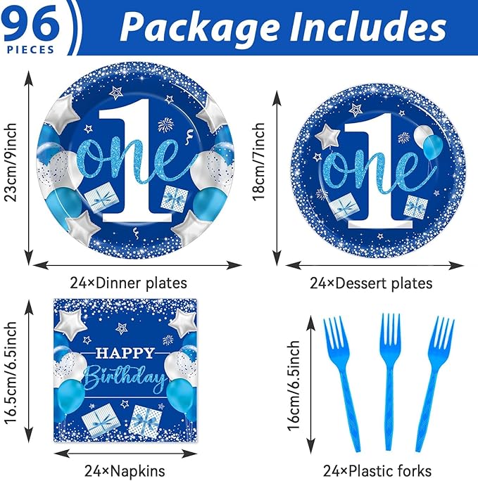 Wiooffen Boy 1st Birthday Party Tableware Set, Blue, 96 Pcs, 24 Guests, Paper Plates, Napkins, Forks