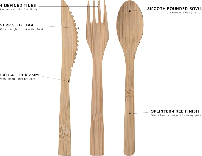 Bamboo Knives 100 Count - Heavy Duty Serrated Disposable Knives Utensils for Parties Catering Weddings BBQ Camping - Natural Flatware - 2ZEBRAZ