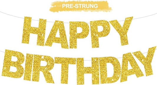 BEISHIDA Happy Birthday Banner - Pre-Strung No DIY Birthday Decorations - Happy Birthday Sign - Birthday Banner for Women, Kids - Backdrop Gold