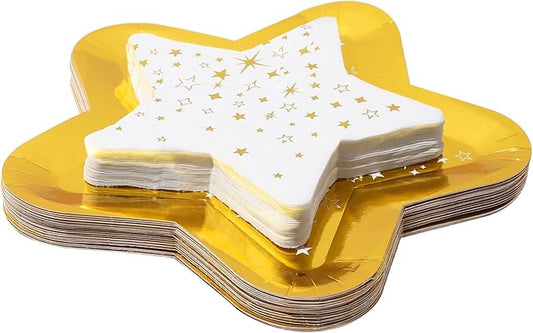 Whaline 24Pcs Pentagram Star Shaped Plates and 24Pcs Star Napkin Waterproof Disposable Tableware Set for Baby Shower Birthday Party Supplies