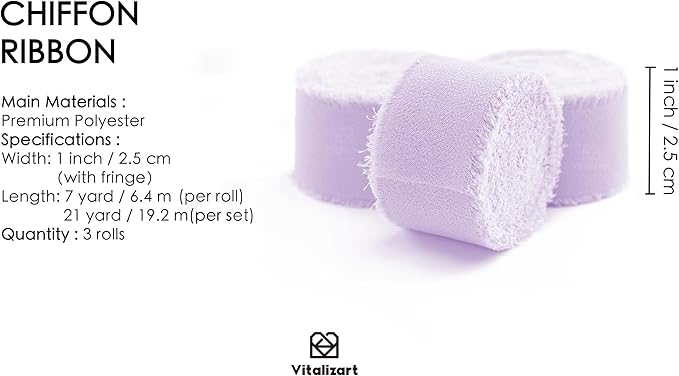 Vitalizart Lavender Purple Chiffon Silk Ribbon 1" x 21 Yd Fringe Fabric Package (3 Rolls * 7 Yd) for Wedding Invitations Bridal Bouquets Decorations Gifts Wrapping & Bow Making Lilac