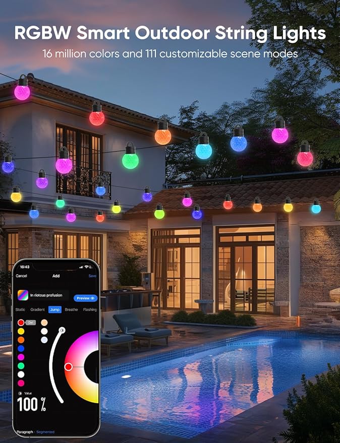 APPECK Outdoor String Lights 50ft, RGBW Color Changing Patio Lights with 25 Dimmable LED Bulbs, 111 Scene Modes, IP65 Waterproof Lighting for Outside, Party, Backyard, Pool, Compatible with Alexa