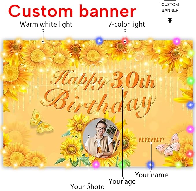 Dicodes Custom Sunflower Party Decorations, Personalized Sunflower Happy Birthday Decorations, 4x6ft-8x12ft