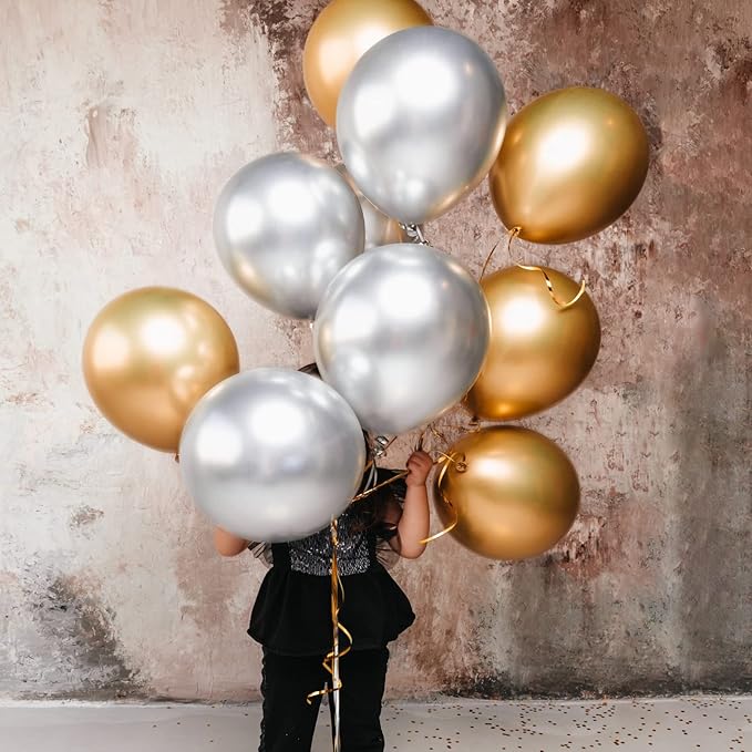 RUBFAC 87pcs Silver Balloons Latex Balloons Different Sizes 18 12 10 5 Inch Metallic Silver Chrome Party Balloon Kit for Birthday Party Graduation Baby Shower Wedding Holiday Balloon Decoration