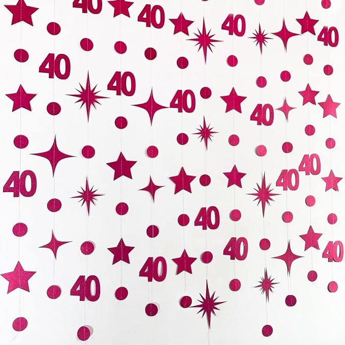 Burgundy 40th Birthday Decorations Number 40 Circle Dot Star Garland Glitter Streamer Banner Backdrop for Women Men Forty Fabulous Cheers to 40 Years Old Birthday 40th Anniversary Party Supplies