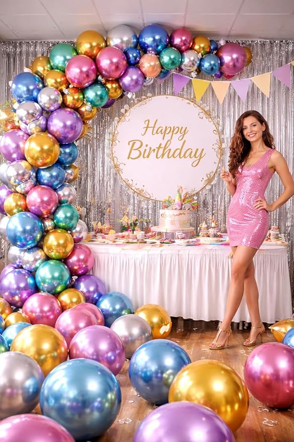 Chrome Metallic Balloons 12 Inch – 100 Pack Assorted Multicolor Latex Balloons for Balloon Arch, Birthday Party, Baby Shower, Wedding Decorations with Ribbon & Glue Dots