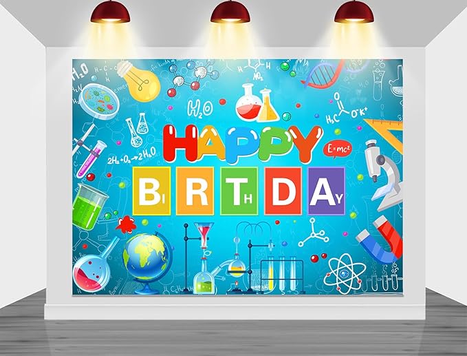 Mocsicka Science Theme Birthday Backdrop Chemical Laboratory Mad Sciencist Happy Birthday Party Decorations Banner for Boys Chemical Science Photography Background (Cyan, 10x8ft(120"x96"))