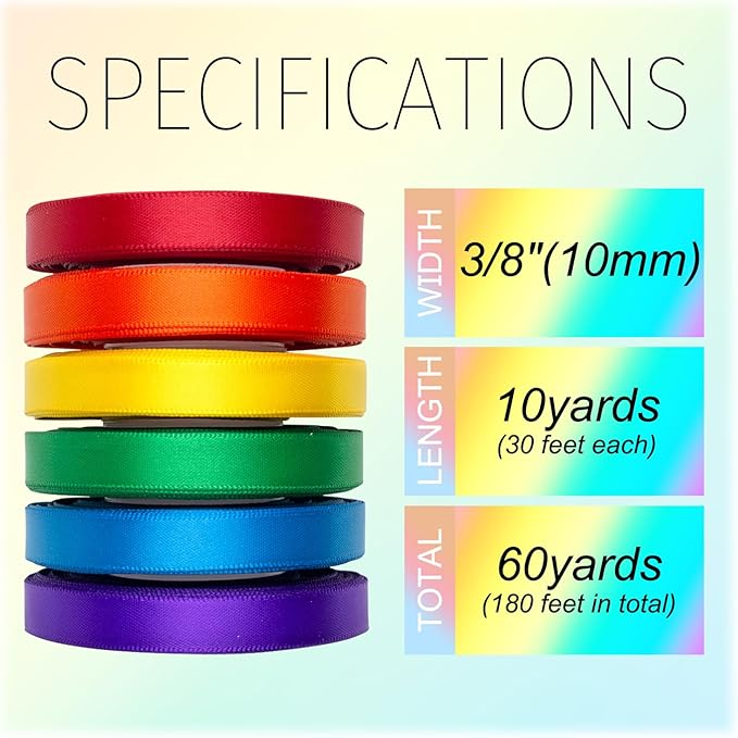 Rainbow Satin Ribbon 3/8 Inch Wide Colorful Ribbon Bulk Ribbon Rolls Assorted Solid Color Double Faced Satin Ribbon for Crafts Gift Wrapping Hair Bows Wedding Flower Bouquet Invitation - 60Yds