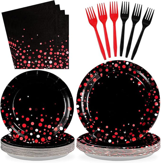 Grencian 96Pcs Black and Red Party Decorations Graduation Red Dot on Black Plates and Napkins Disposable Stranger Tableware Set for Congrats Grad Birthday Baby Shower Party Supplies, Serves 24