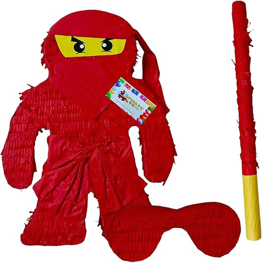 APINATA4U Red Ninja Pinata Kit (17.5x13.5x3.5 Inch) - Elevate Ninja Party Excitement with Complete Supplies, Themed Birthday Fun, Photo Prop, Decorations, Includes Stick and Mask!