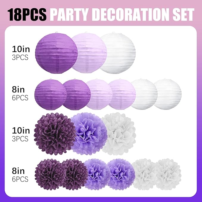 18 PCS Purple White Paper Lanterns & Tissue Paper Pom Poms for Women Birthday, Baby Shower, Wedding, Bridal Shower, Hanging Paper Decor for Graduation Theme Party Supplies