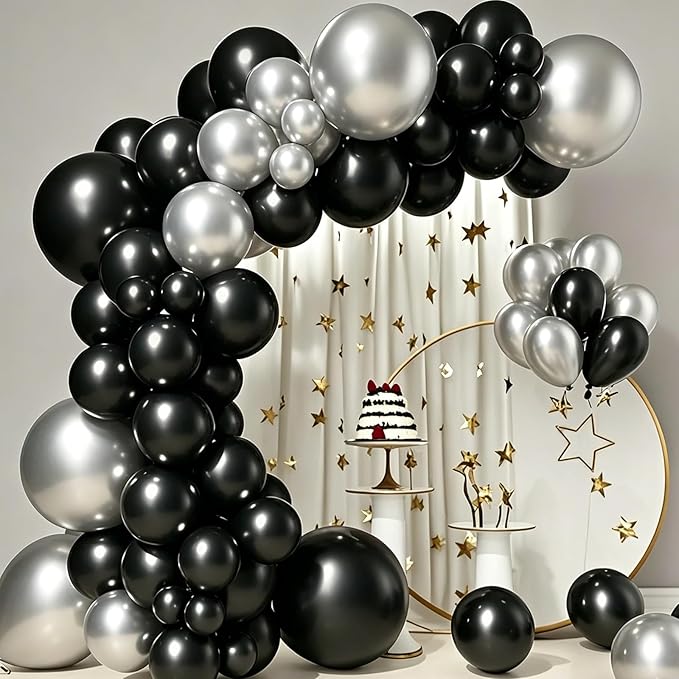 Black and Silver Balloons, 60 Pcs 12 Inch Latex Balloons with 1 Ribbon, for Birthday Wedding Bridal Shower Party Decorations