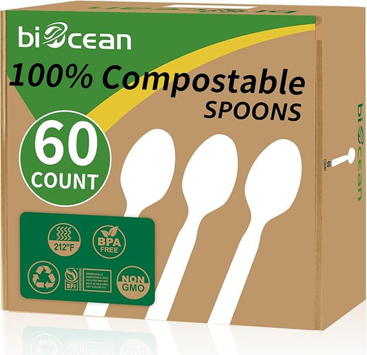 100% Plastic Spoons 60 Count Disposable Soup Spoons Heavy Duty Utensils Disposable Silverware Eco Friendly Flatware for Party Camping Picnics Wedding-Ivory White