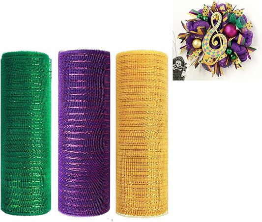3 Rolls Purple Gold Green Deco Mesh Ribbon for Wreath Making Supplies, 10 Inch x 30FT Metallic Foil Burlap Deco Mesh Fabric for Mardi Gras Carnival Masquerade Party Wreath Craft Decoration