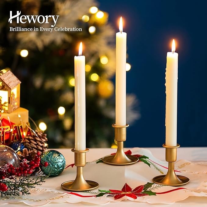 Gold Taper Candle Holder Set of 6, Hewory Short Skinny Brass Candlestick Holders, Vintage Small Low Metal Candles Sticks for Wedding Centerpieces Christmas Birthday Party Holiday Dining Table Decor