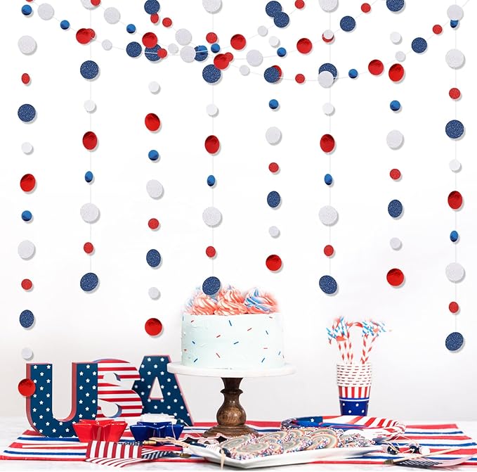 Outus 5 Pieces Blue,White,Red Round Dots Garland Graduation Party Hanging Decor Each Length 13.1ft Glitter Paper Dot Streamers for Birthday Wedding Classroom Supplies
