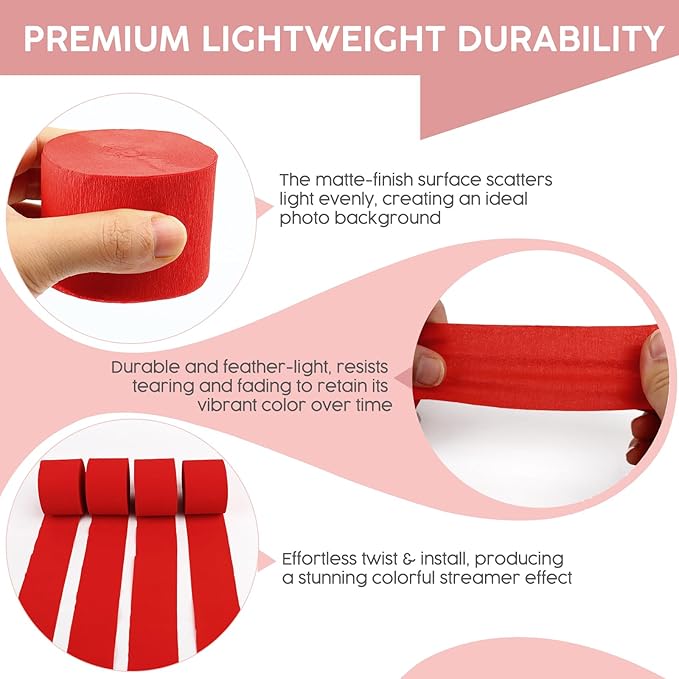 4 Rolls Crepe Paper Red Streamers – Perfect for Streamers Party Decorations, Wedding, Birthday, Colored Decor, and DIY Craft Supplies(1.8 Inch x 82 Ft/Roll)