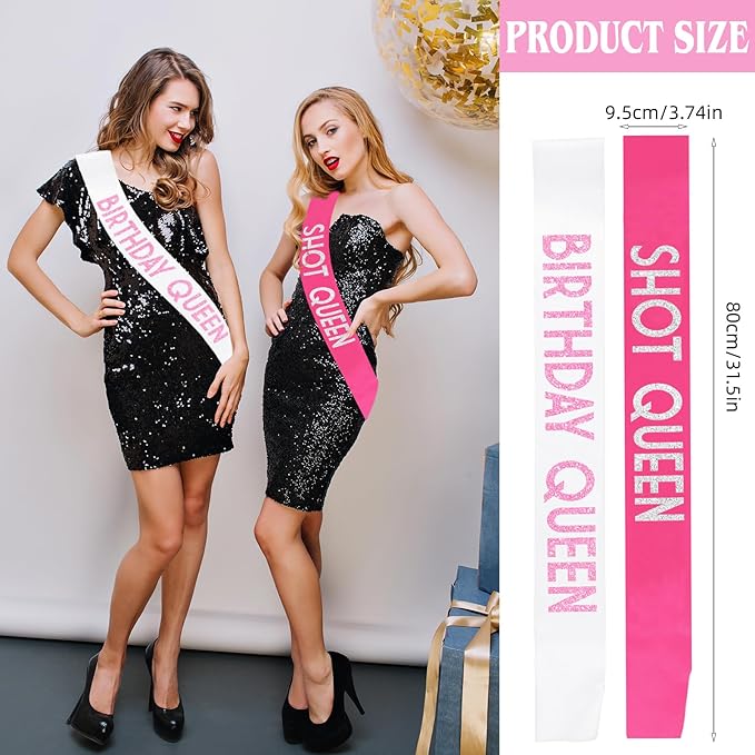 10 Pcs Birthday Queen Sashes for Women, Funny Happy Birthday Squad Sash for Girls Sweet 16,18th 21st 30th 40th 50th or Any Other Bday Party Supplies Decorations Jokes and Favors (Pink + White)