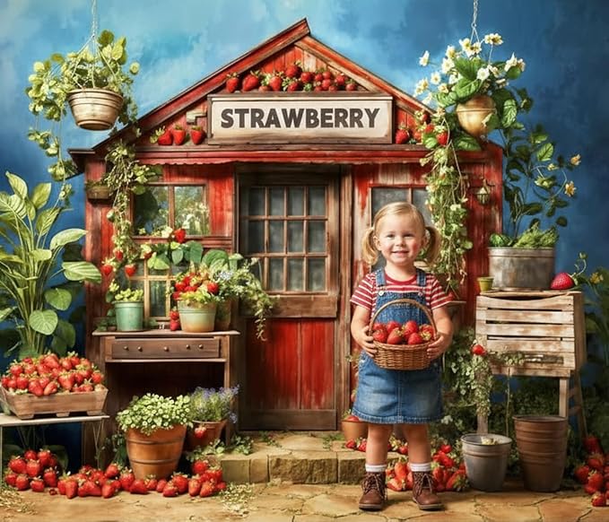 Kate 10x6.5ft Vintage Strawberry Farm Photography Backdrop Wooden Red Cottage with Plants Decoration Backgrounds Greenery Berry Baskets Baby Shower Photo Background