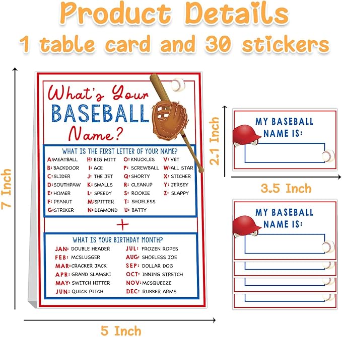 What's Your Baseball Name Game,1 Game Sign and 30 Name Stickers,Baseball Team Party Games， Birthday Game for Kids and Adult Parties,Baseball Activity Decoration Supplies