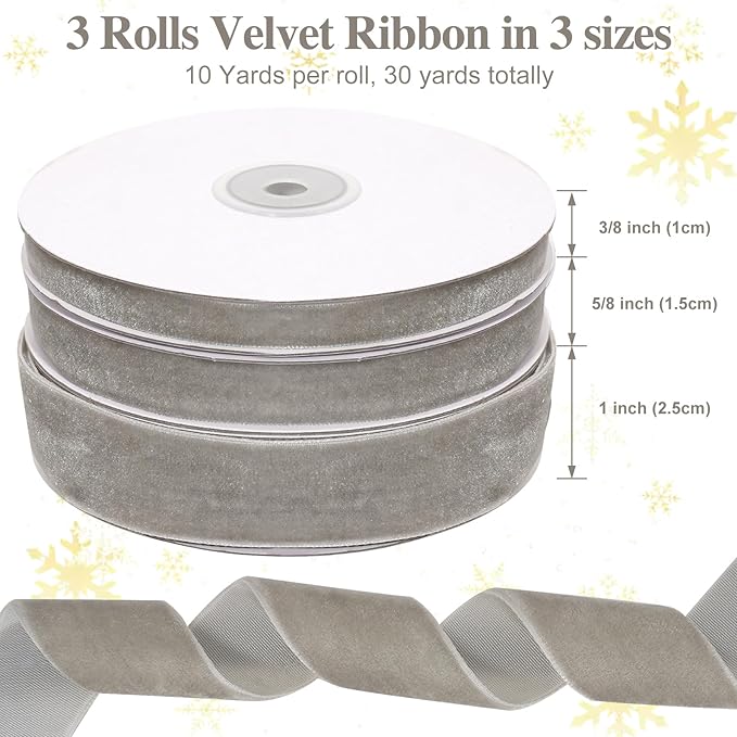 Thin Silver Velvet Ribbon Set, 3 Rolls Vintage Grey Velvet Ribbon for Gift Wrapping,Thick Gray Christmas Ribbons for Christmas Tree Ornaments, Holiday Wreaths, 3/8, 5/8, 1 inch Wide, 30 Yards Total