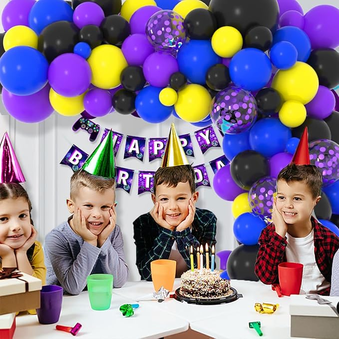 Purple Royal Blue Black Yellow Balloon Garland Arch Kit - 117PCS Purple Blue Black Balloons Video Gaming Party Supplies for Boys Miner Gamer Fan Birthday Graduation Party Decoration