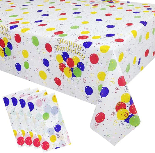 Mulbozy 4 Pcs Birthday Tablecloth Disposable Plastic, Colorful Balloons Confetti Happy Birthday Table Covers for Parties Decoration Supplies, 108 x 54 inch