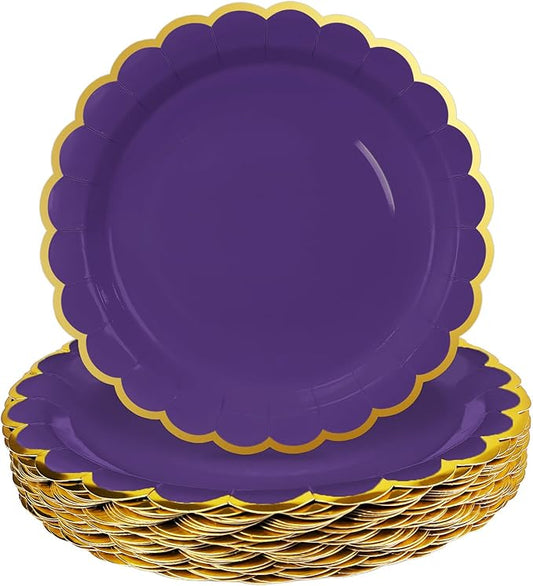 HEIPINIUYE 50 Pieces Purple Paper Plates with Gold Foil 9 Inch Disposable Purple Scalloped Dinner Plates for Wedding Baby Shower Birthday Party Dessert Plate