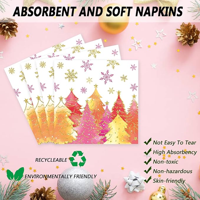 72Pcs Pink Christmas Paper Plates and Napkins Let It Snow Party Plates Gold Pink Xmas Tree Snowflake Party Supplies Tableware Set for Christmas Winter Holiday New Year Decorations
