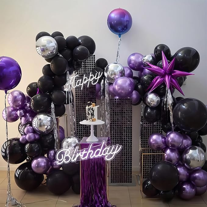 Purple and Black Balloons, Black Purple Balloons Metallic Silver Metallic Purple Balloons, Black Lilac Balloons for Women Girls Birthday Wedding Engagement Graduation Halloween Theme Party Decoration