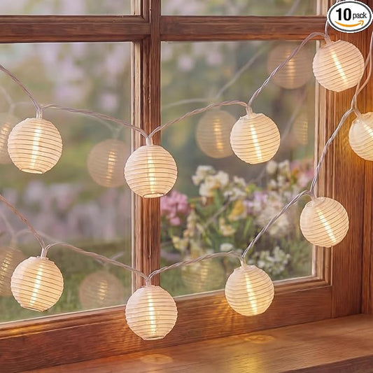 White Lantern String Lights Plug in, 8.5Ft Hanging Indoor Decorative String Lights with 10 Cute White Nylon Lanterns Lights Connectable for Indoor Outdoor Bedroom Ramadan Backyard Patio Bistro Decor