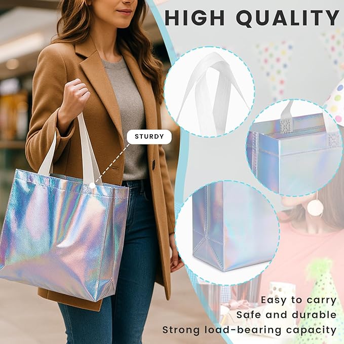 VGOODALL 15 PCS Reusable Gift Bags, 12.6" x 5" x 11" Iridescent Gift Bags, with Handles & Sturdy Base, for Wedding Party Supplies