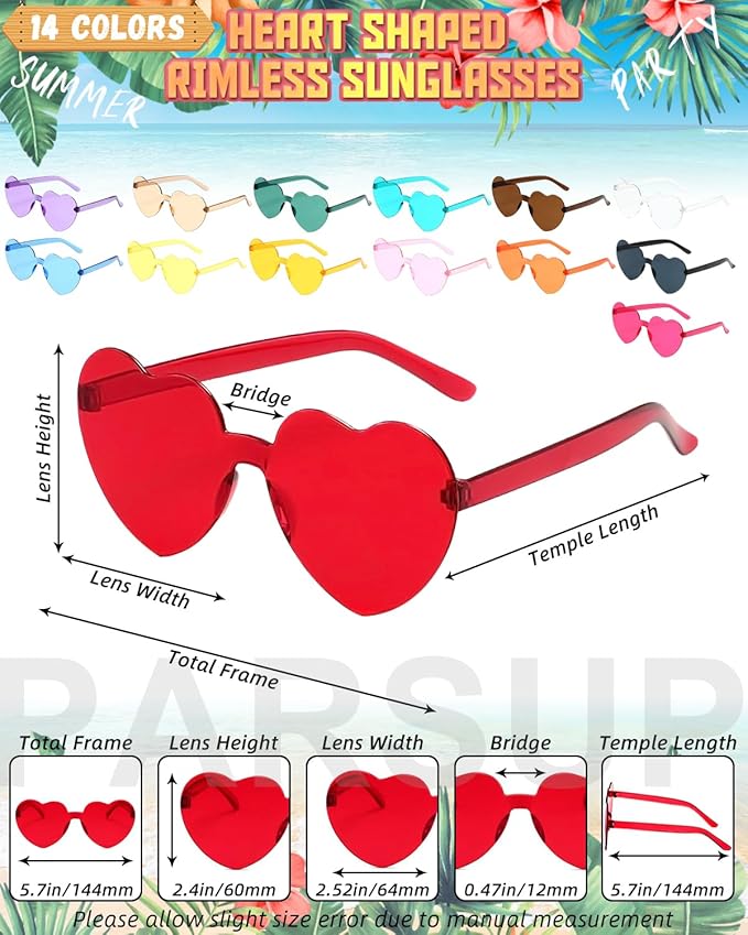 PARSUP 14 Pairs Heart Shaped Rimless Frameless Sunglasses Transparent Candy Color Glasses Tinted Eyewear Bachelorette Party Favors Photo Booth Props,14 Colors
