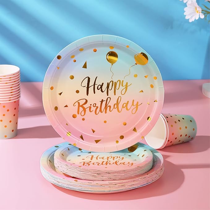 200 Pcs Pastel Party Supplies Birthday Party Plates and Napkins Sets,Disposable Pastel Birthday Plates - Rainbow Paper Plates Napkins Cups for Birthday Baby Shower Party Decorations