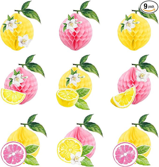 Whaline 9Pcs Lemonade Party Honeycomb Centerpieces Pink Yellow Lemon Honeycomb Balls with Paper Cut-Outs for Birthday Baby Shower Table Decoration