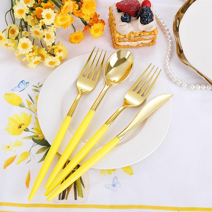 Supernal 102Pcs Gold Plastic Silverware, Gold Disposable Utensils with Yellow Handle, Yellow Plastic Silverware Heavy Duty Include 34 Forks, 34 Knives and 34 Spoons Perfect for Party, Mother's Day