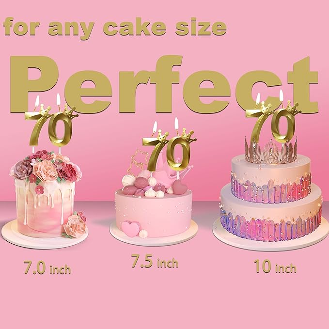 The Number 70 Gold Birthday Candles for Cake is Beautiful Number Candles for 70th Birthday Decorations for Man and Women (Gold-70, Crown)