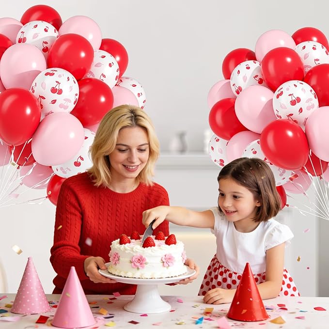Cherry Balloons, 60pcs 12inch Pink and Red Balloons with White Print Balloon for Baby Shower Birthday Party Decorations