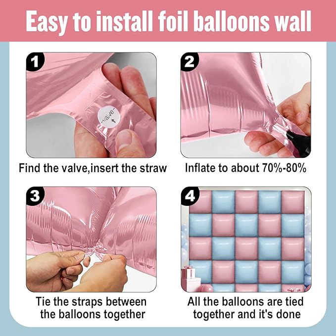 36Pcs Light Pink and Light Blue Square Foil Balloons Wall Backdrop, Double Sided Metallic Foil Balloons Tunnel Arch Garland Kit for Photo Booth Birthday Wedding Halloween Christmas Party Decorations