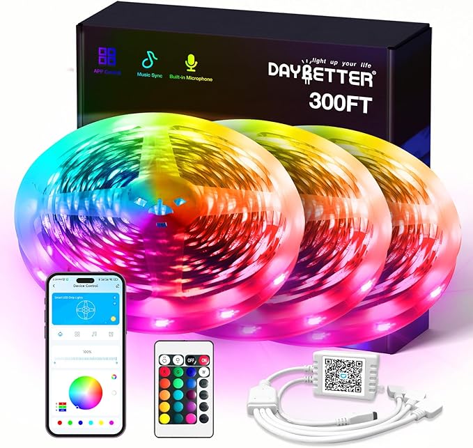 DAYBETTER Smart RGB Led Strip Lights, 300ft Led Lights for Bedroom with App Control, Multicolor Changing Led Light Strips Apply for Home Decor, Living Room, Kitchen, Home Party Decoration