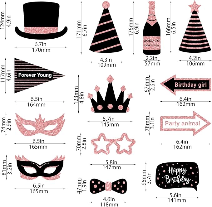 30 PCS Birthday Photo Booth Props Kit, Glitter Birthday Party Photo Props Set, Easy to Assemble Selfie Party Supplies for Women & Girls, Cute Photography Props for Parties