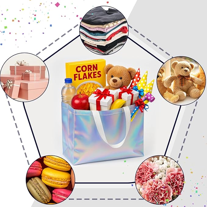 VGOODALL 15 PCS Reusable Gift Bags, 12.6" x 5" x 11" Iridescent Gift Bags, with Handles & Sturdy Base, for Wedding Party Supplies
