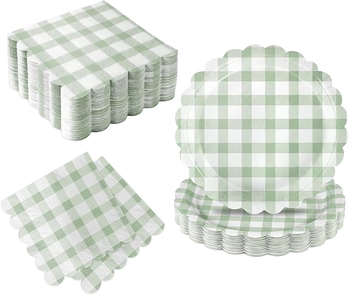 Oigco 50 Pcs Sage Green Gingham Party Supplies, Sage Green Disposable Scalloped Plates and Napkins for Wedding Bridal Shower Birthday Baby Shower, Serves 25