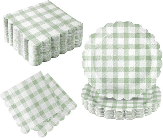 Oigco 50 Pcs Sage Green Gingham Party Supplies, Sage Green Disposable Scalloped Plates and Napkins for Wedding Bridal Shower Birthday Baby Shower, Serves 25