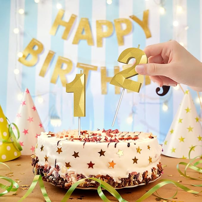 Number Birthday Candles(7 Candle Gold) 3D Diamond Shape Number Happy Birthday Cake Candles for Birthday Party Wedding Decoration Reunions Theme Party